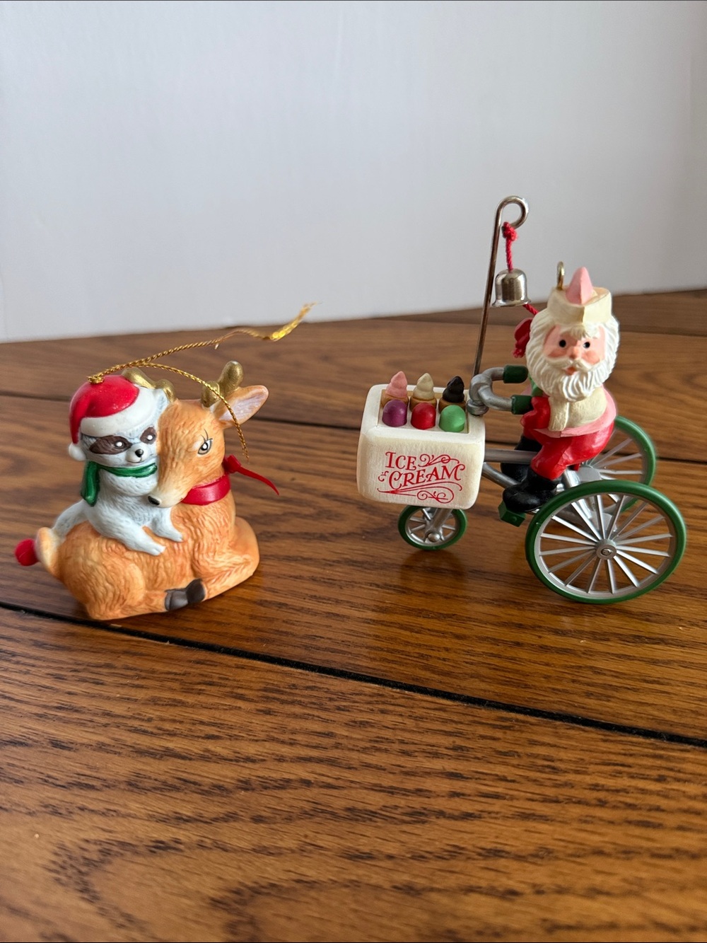 Christmas Santa Ice Cream Trike Ornament and Raccoon on Deer ornament